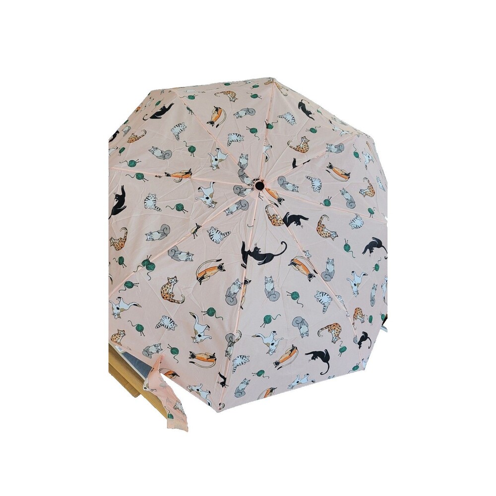TOTES Automatic Compact Umbrella Recycled Fabric Pink Cat Pattern- New w Tags